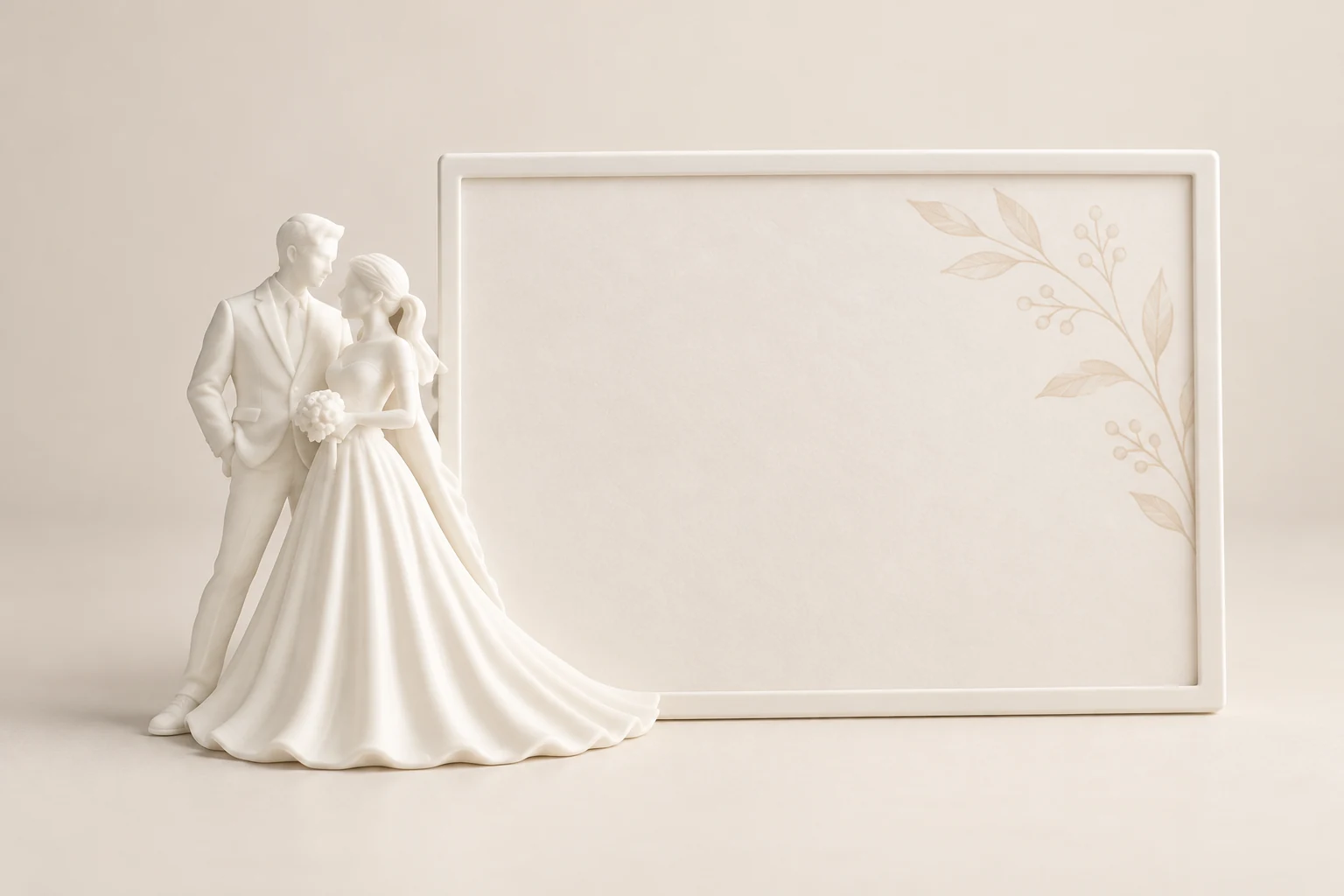 Ramă decorativă albă, cu figurine de miri și un insert botanic neutru, fără fotografii personale.